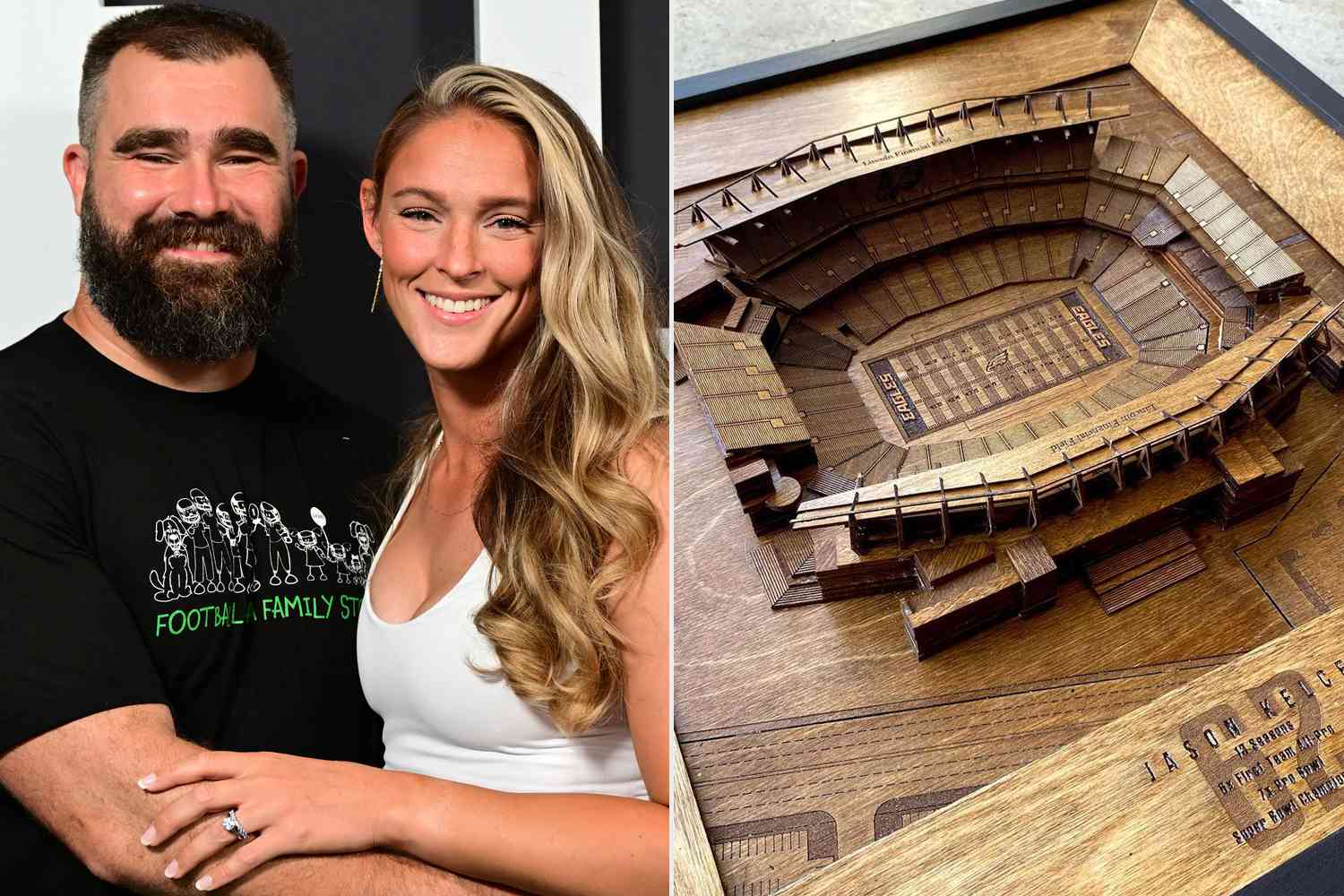 Jason Kelce was gifted a handmade wooden replica of the stadium he plays in by his wife, Kylie. Recently, the makers of the same art piece created another art piece but for Travis Kelce and Taylor Swift.