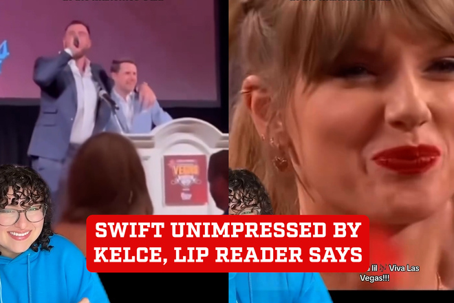 Taylor Swift is annoyed with Travis Kelce's antics, according to a lip-reader; Kelce's 'Viva Las Vegas' chant leaves Taylor Swift unimpressed