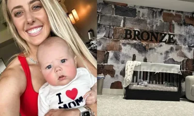 The cozy room, adorned with exposed brick wallpaper and bold black lettering spelling out "BRONZE," is every bit as charming as you'd expect from the Mahomes family.