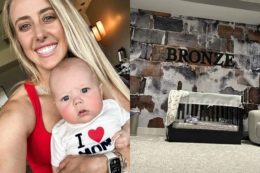 The cozy room, adorned with exposed brick wallpaper and bold black lettering spelling out "BRONZE," is every bit as charming as you'd expect from the Mahomes family.