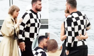 Taylor Swift and Travis Kelce are pictured kissing and embracing on boat ride in scenic Lake Como during romantic break - as singer wows in busty black dress ahead of The Eras Tour return