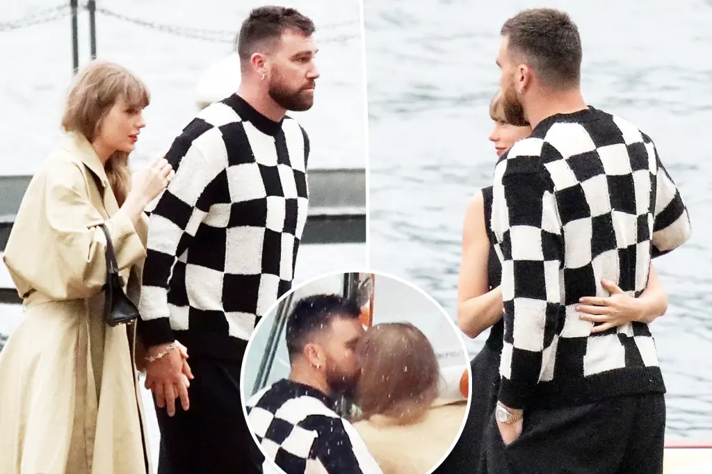 Taylor Swift and Travis Kelce are pictured kissing and embracing on boat ride in scenic Lake Como during romantic break - as singer wows in busty black dress ahead of The Eras Tour return