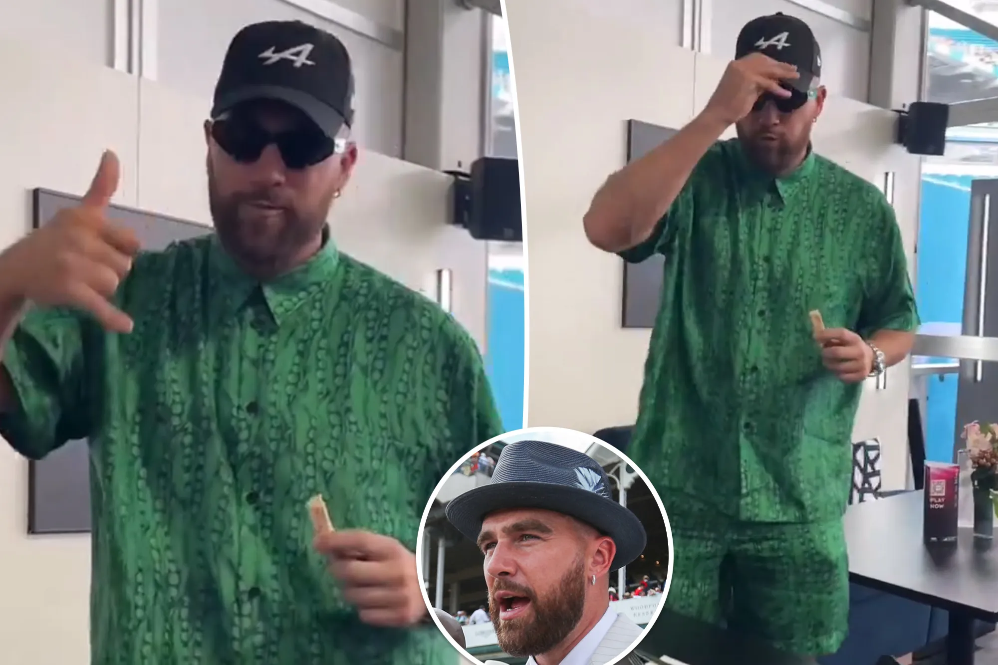 Travis Kelce is continuing his whirlwind event-filled weekend at the Formula 1 Miami Grand Prix; Kelce, 34, was spotted rocking a matching green outfit, sunglasses and a backwards black Alpine Racing baseball hat at the Miami International Autodrome ahead of the race.