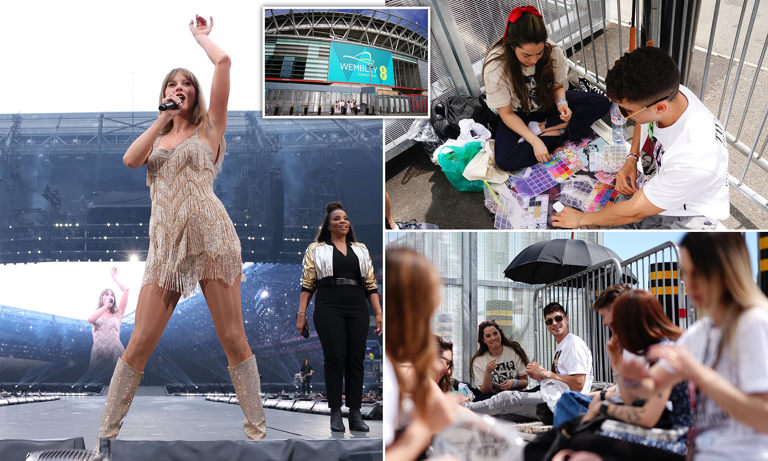 Taylormania hits Wembley! Fans start queuing for Taylor Swift's first London Eras Tour concert a day early (and make each other friendship bracelets to pass the time)