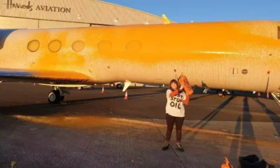 Climate activists covered private jets in orange paint in a Taylor Swift-inspired stunt, but didn't get her plane and were arrested after appearing to target Taylor Swift's jet.