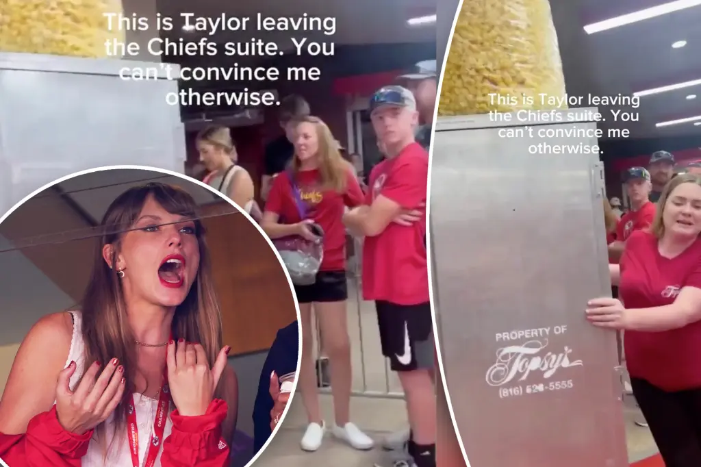 Taylor Swift fans are convinced pop superstar left Travis Kelce's suite in a POPCORN MACHINE... as video from the stadium shows adoring supporters shouting: 'That's her! She's in there!'