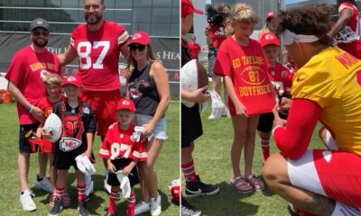 Adorable moment Travis Kelce and Patrick Mahomes make young cancer survivor's day... as superstar Chiefs pair pose for photos - and sign a shirt hailing 'Taylor Swift's boyfriend'