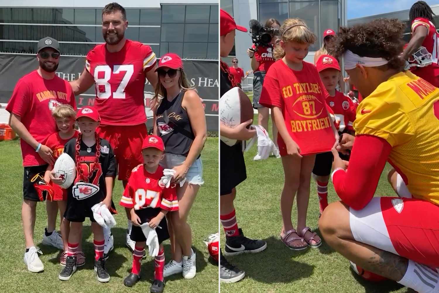 Adorable moment Travis Kelce and Patrick Mahomes make young cancer survivor's day... as superstar Chiefs pair pose for photos - and sign a shirt hailing 'Taylor Swift's boyfriend'