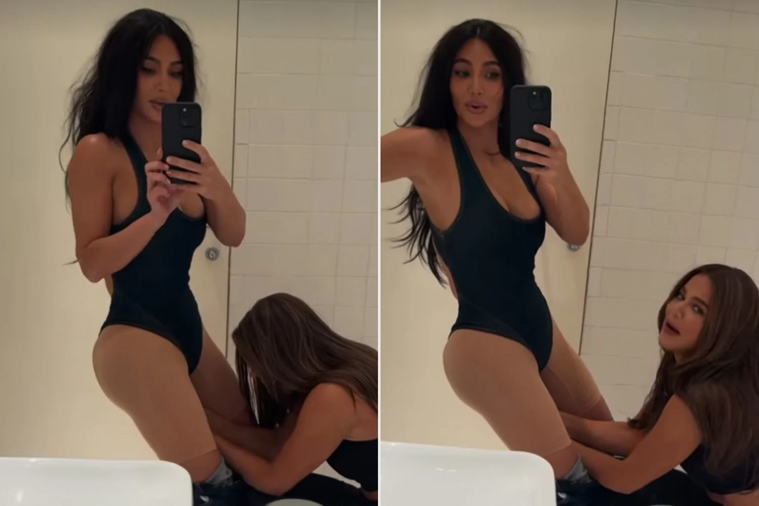 Kim Kardashian Shares Hilarious Video of Sister Khloé Snapping Her Bodysuit in Bathroom: ‘Things I Find in My Phone’