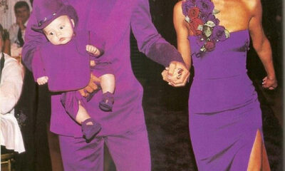 EXCLUSIVE: David Beckham is teased by wife Victoria for looking like the dancing man emoji after they dig out their iconic purple wedding outfits from storage for 25th wedding anniversary